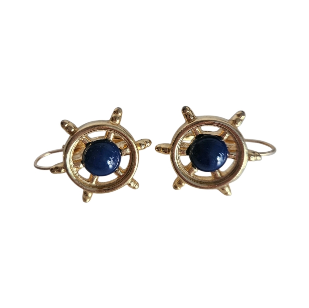 MONET Nautical Ship Wheel Gold & Navy Dangle Earrings | SZ 1"